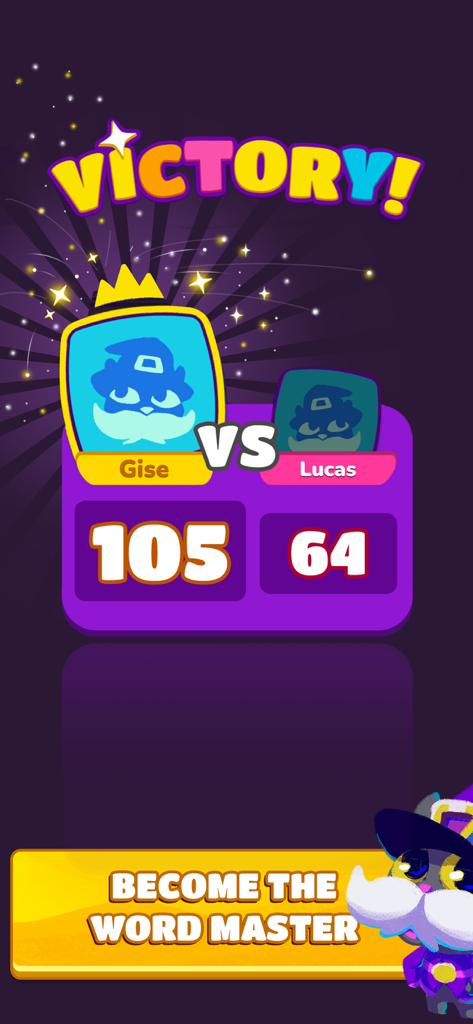 Gibberish: Word game & friends - Pantalla de victoria en el juego de palabras Gibberish que muestra una puntuación ganadora de 105 a 64 entre dos jugadores con avatares de gato