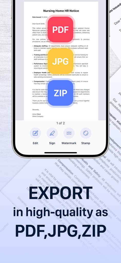 Interface do aplicativo móvel mostrando opções de exportação de documentos para formatos PDF, JPG e ZIP com ferramentas de edição profissional.
