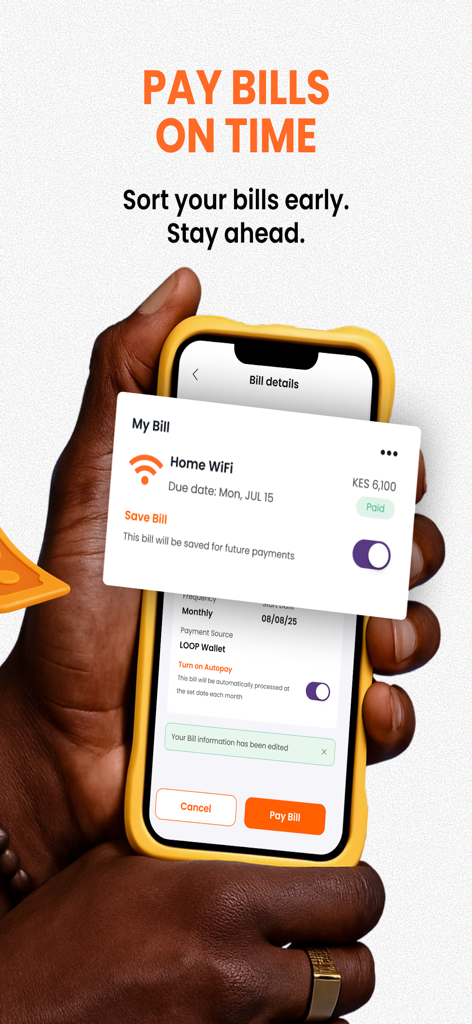 Smartphone screen showing bill payment and autopay features in the LOOP digital wallet app.