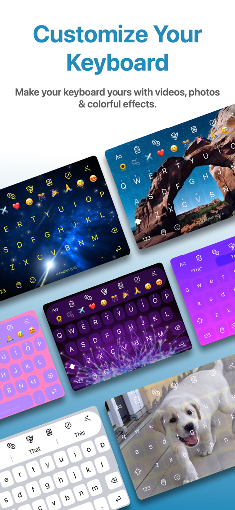 Fonts Keyboard AI - A variety of customizable keyboard themes for Fonts Keyboard AI featuring space, nature, and personal puppy photo backgrounds