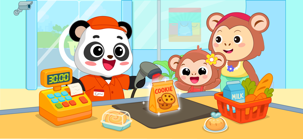 Supermarket Game Kids Shopping - Un cajero panda de dibujos animados escaneando una bolsa de galletas para clientes monos en un juego de compras para niños