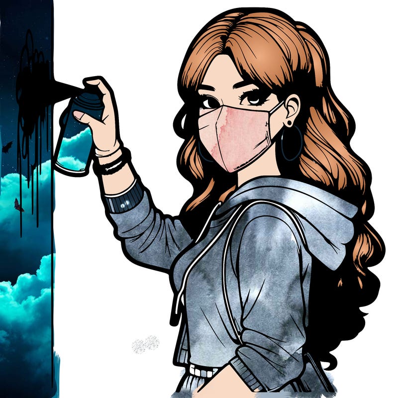 realistic girl with mask spray painting a wall