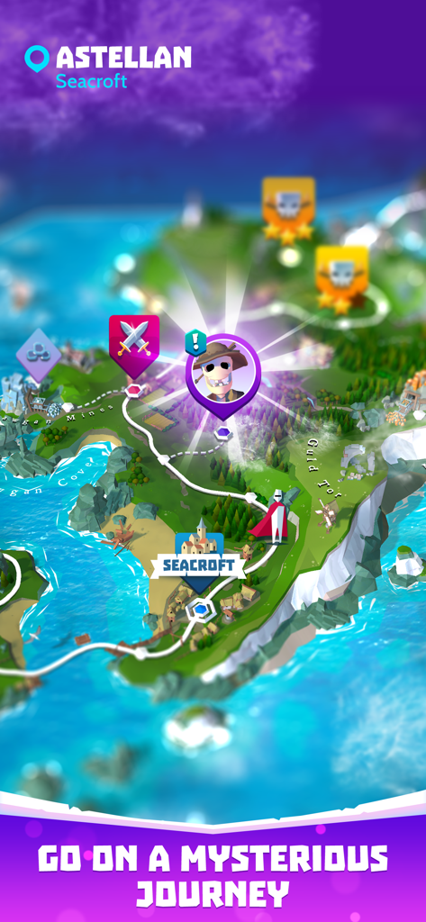 Vibrant 3D world map of Astellan in the Knighthood mobile game showing mission icons and landscape