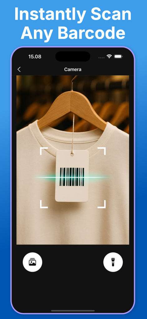 Bar Code Reader ™ - Interface of the Bar Code Reader app scanning a clothing tag barcode