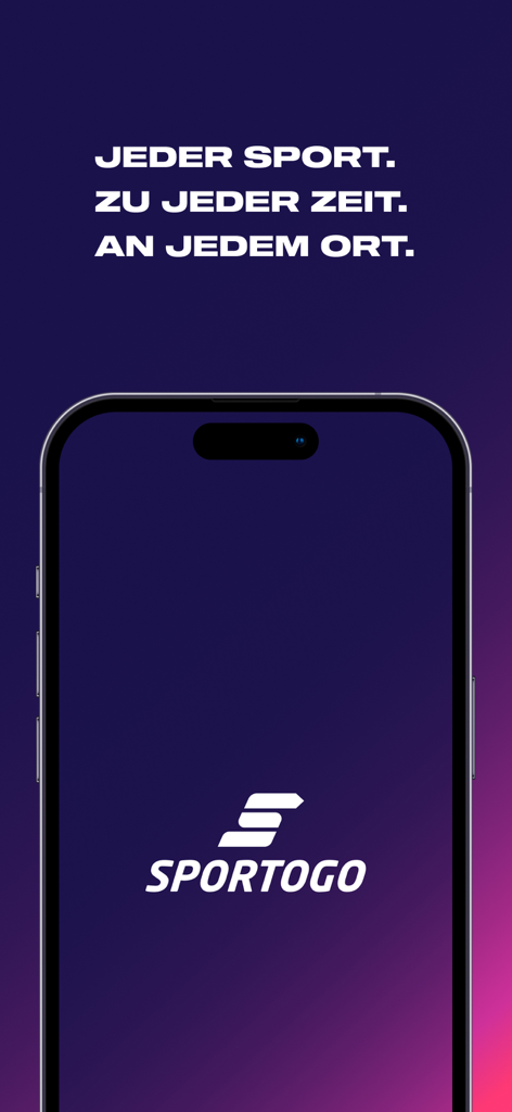 Sportogo mobile app splash screen displaying the logo and brand slogan in German