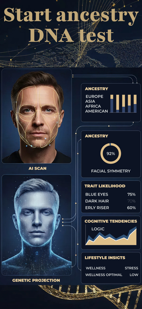True Heritage & Ancestry DNA - AI顔スキャンと家系図ダッシュボード、遺伝的特徴と遺産の内訳が表示されています