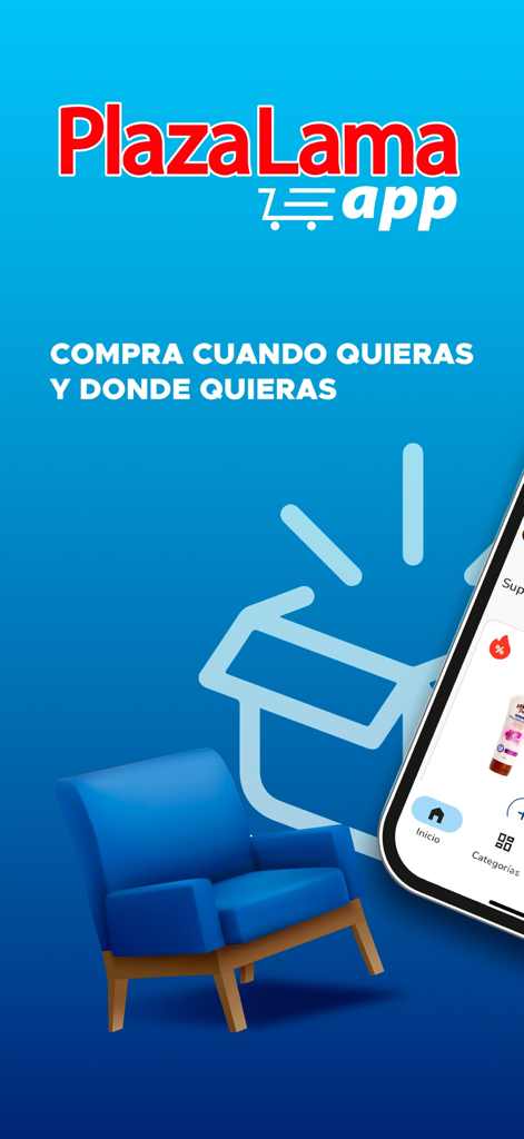 Plaza Lama - Plaza Lama mobile app home screen with a blue armchair and slogan buy whenever and wherever you want