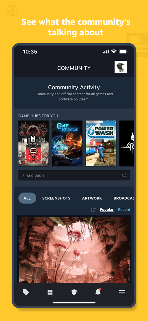 Steam Mobileアプリのコミュニティハブ。ゲームハブとユーザー共有のスクリーンショットが表示されているインターフェース。