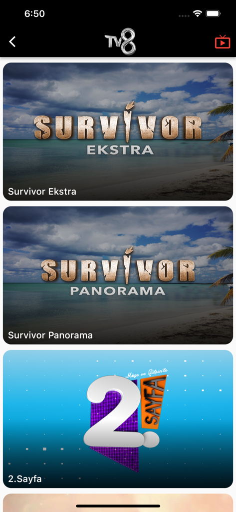 TV8 - Interfaz de la aplicación móvil TV8 que presenta opciones de programas como Survivor Ekstra y Survivor Panorama