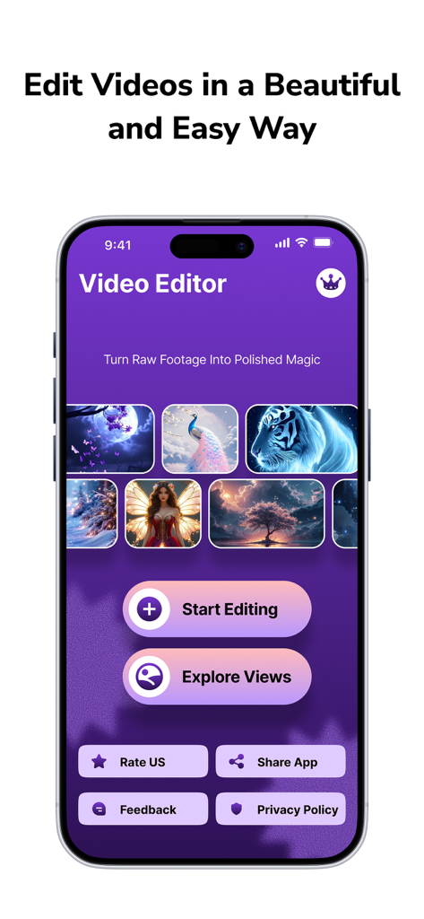A tela inicial do aplicativo Kapwing Video Editor em um dispositivo móvel mostrando as opções Iniciar Edição e Explorar Visualizações.