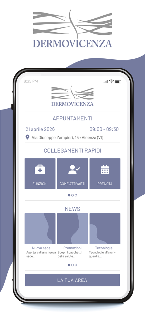 Dermovicenza - Dermovicenza mobile app Dashboard mit Terminen, Schnelllinks und Nachrichten