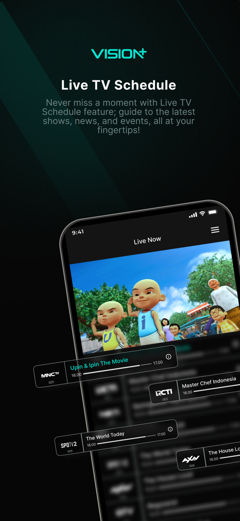VISION+ - Vision+ mobile app interface showing the Live TV Schedule for Indonesian channels including MNC TV and RCTI.
