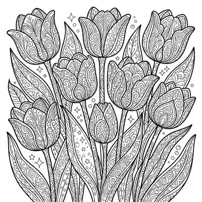 Discover the beauty of nature and art combined in this stunning Zentangle Purple Tulips coloring page. Each bloom and leaf is adorned with complex patterns, ready for your artistic touch.