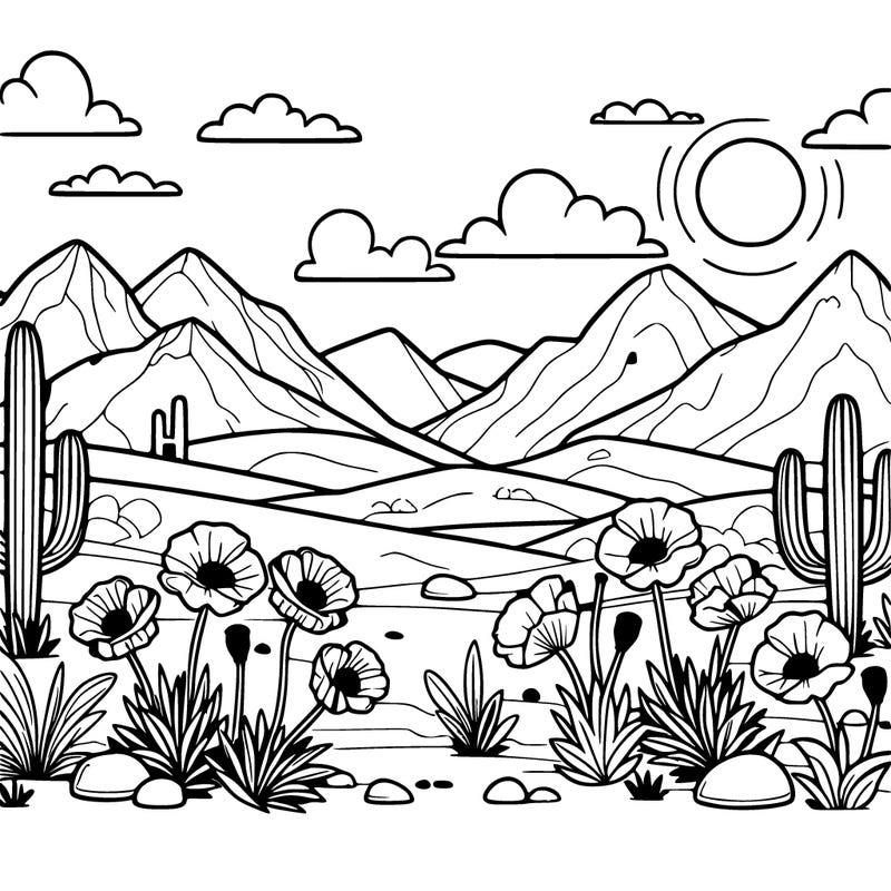 desert coloring page with mountains and poppies