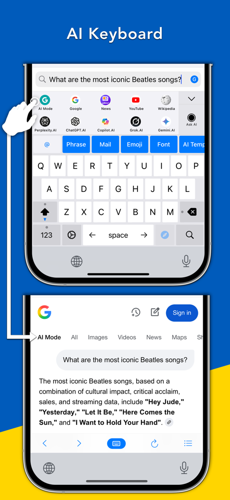 Bear - AI Keyboard - Bear AI Keyboard showing a built-in browser searching for information without switching apps