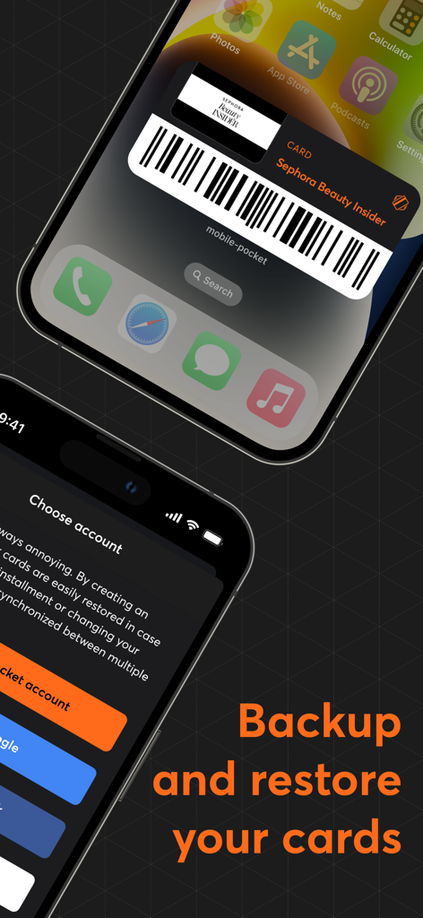 mobile-pocket loyalty cards - モバイルポケットアプリのインターフェースに、Sephoraの会員カードバーコードウィジェットと、スマートフォン画面のバックアップと復元のアカウント設定が表示されています。