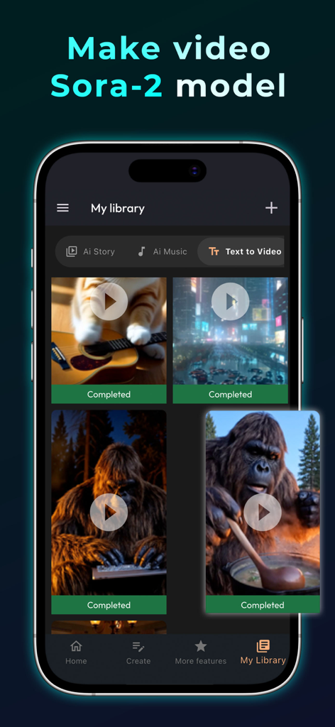 Aienvoy mobile app screenshot showing a library of completed AI-generated videos using the Sora-2 model.