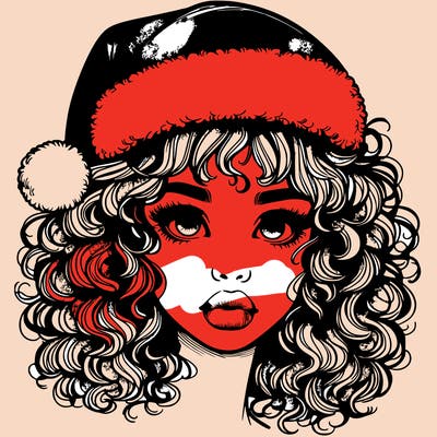 realistic girl with a santa hat curly hair and lips