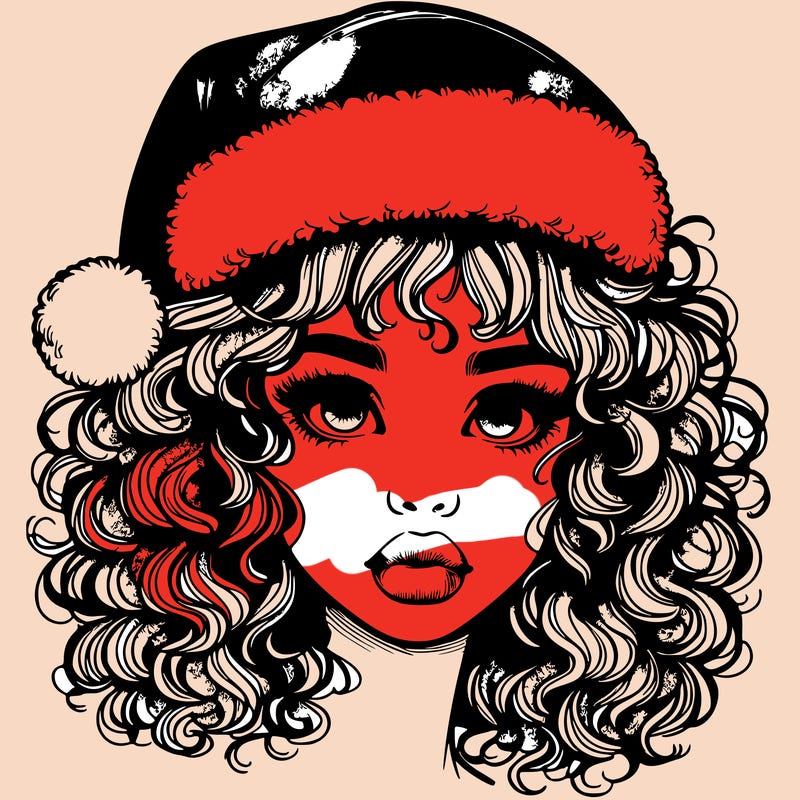 realistic girl with a santa hat curly hair and lips