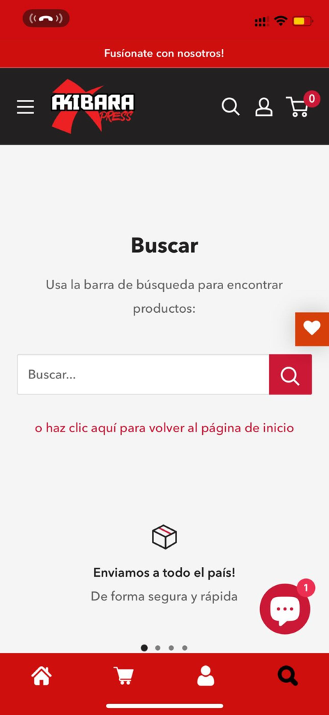 Akibara Xpress - Pantalla de búsqueda de la aplicación de compras de anime Akibara Xpress con una barra de búsqueda y aviso de envío en español
