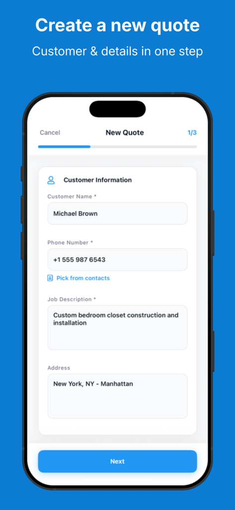 Measure Book - 顧客情報フィールドを使用して新しいジョブ見積もりを作成するためのモバイルアプリインターフェイス。