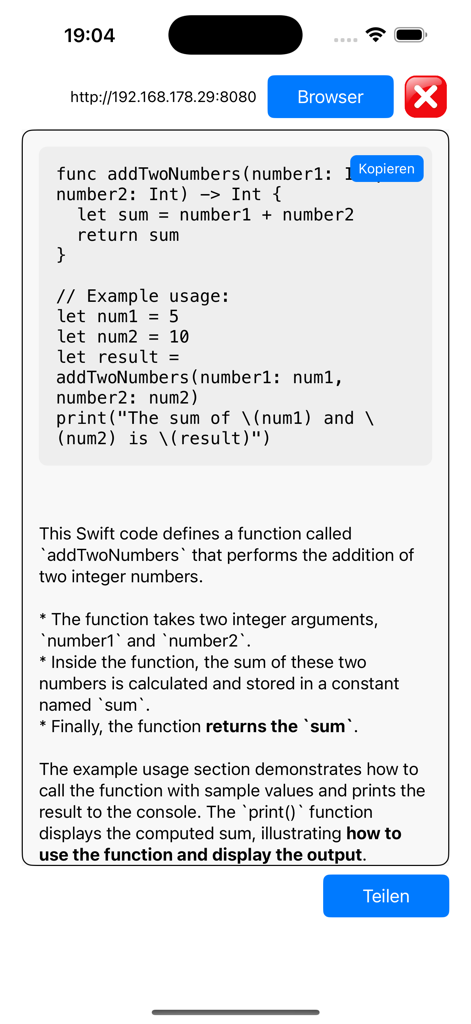Developer-PRO - Developer PRO app screen showing a Swift code function and AI explanation