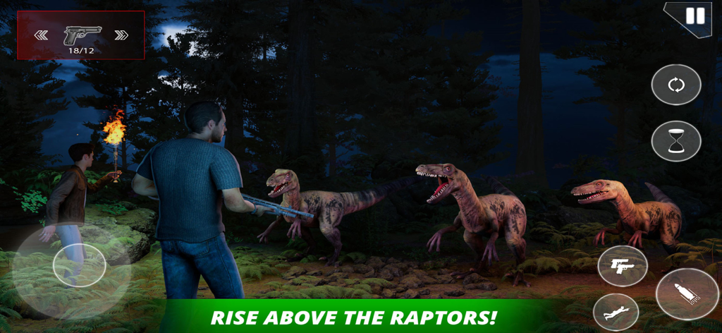 Dinosaur Hunting Jurassic Zone - A hunter with a shotgun facing three raptors in a dark forest at night