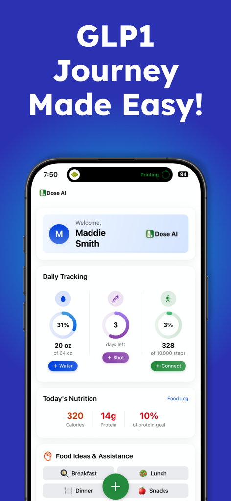 Dose AI - GLP1 Tracker - Dose AI app dashboard showing GLP1 injection tracking hydration and nutrition stats
