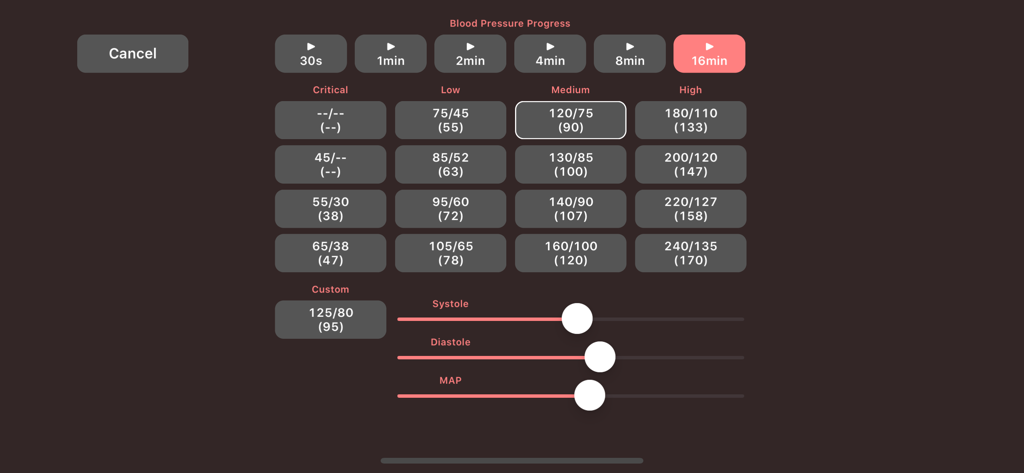 Medical Rescue Sim Pro - Interface for setting blood pressure parameters and simulation progress in Medical Rescue Sim Pro