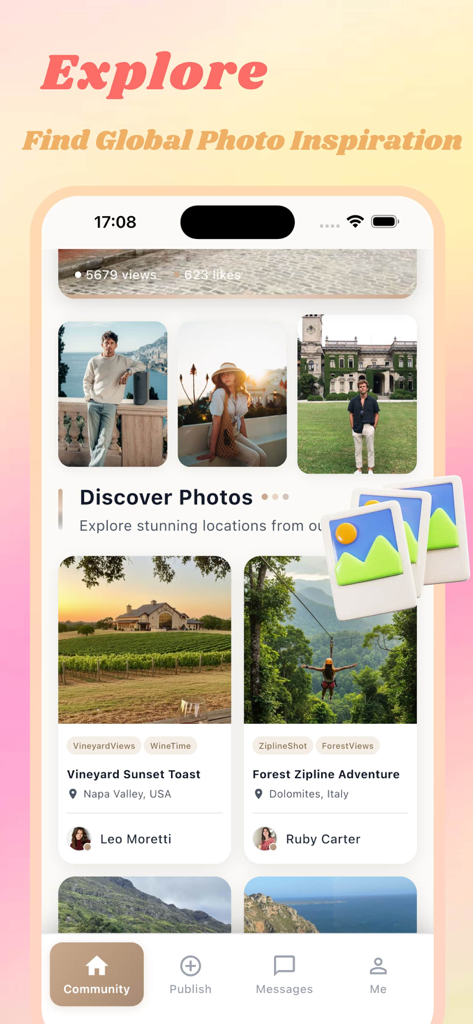 Rushe - A mobile app interface titled Explore showing travel photography from various global locations like Napa Valley and the Dolomites.