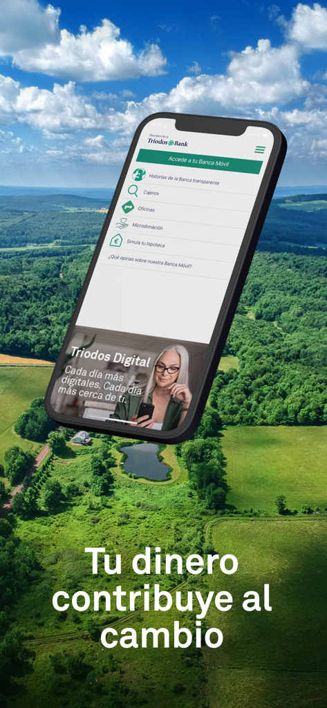 Triodos Bank mobile app showing ethical banking features against a green landscape