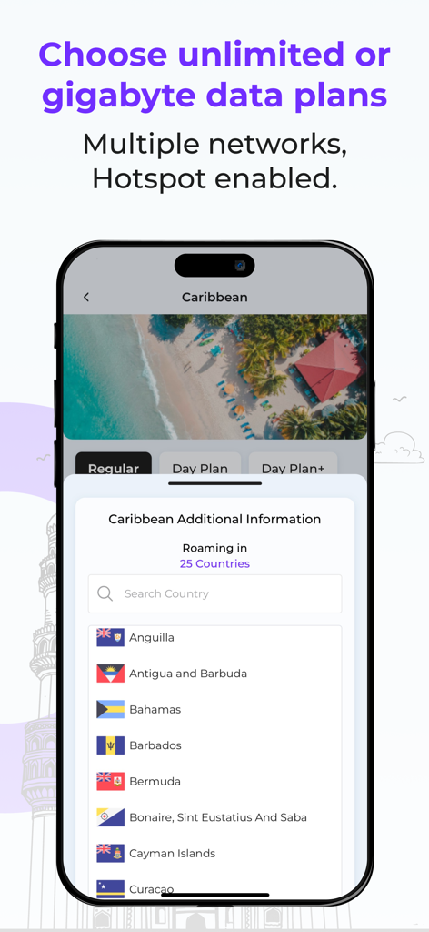 Esimatic eSIM: Mobile Data 5G - スマートフォン画面にEsimaticカリブ海eSIMプランと、バハマやバルバドスなどの対応ローミング国リストを表示