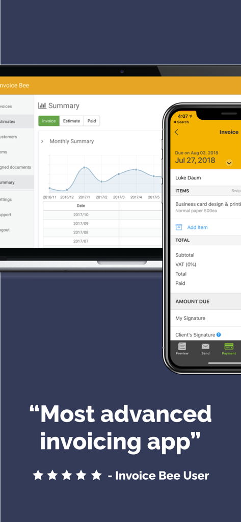 Tableau de bord Invoice Bee sur écran d'ordinateur portable et de téléphone mobile