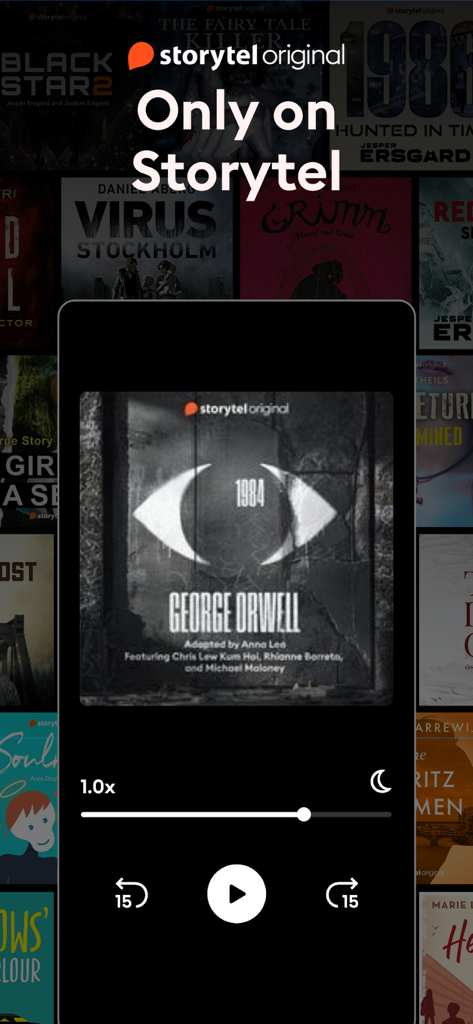 Storytel App-Oberfläche, die einen exklusiven Hörbuch-Player für George Orwell 1984 mit Wiedergabesteuerung und Sleep-Timer zeigt
