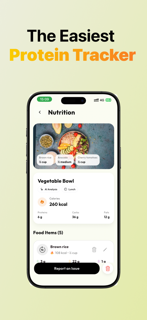 See How You Eat - Food Diary - CalFit app screen showing AI nutrition analysis and calorie tracking for a vegetable bowl