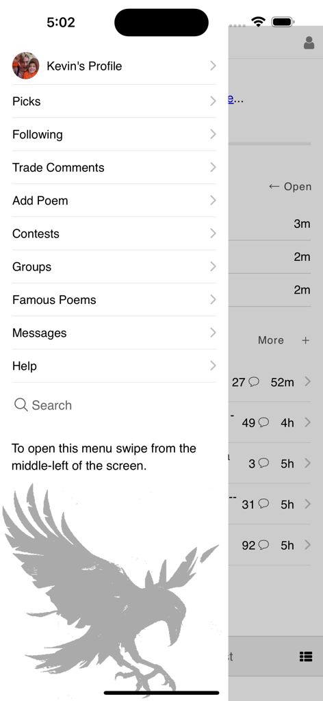 Allpoetry Poetry.app - Menu de navegação lateral do aplicativo Allpoetry mostrando links para perfil, concursos e grupos da comunidade.