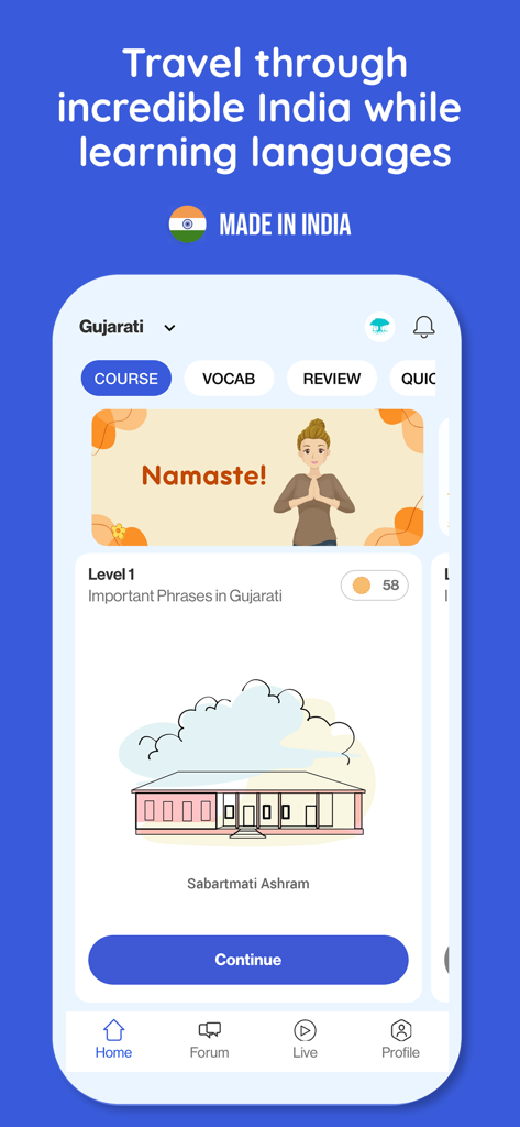 Language Curry - Speak Indian - Language Curry app screen showing a Gujarati language course for learning important phrases