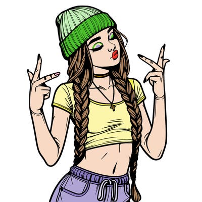 realistic teenage girl with braids and a beanie and crop top doing 🫶🏼