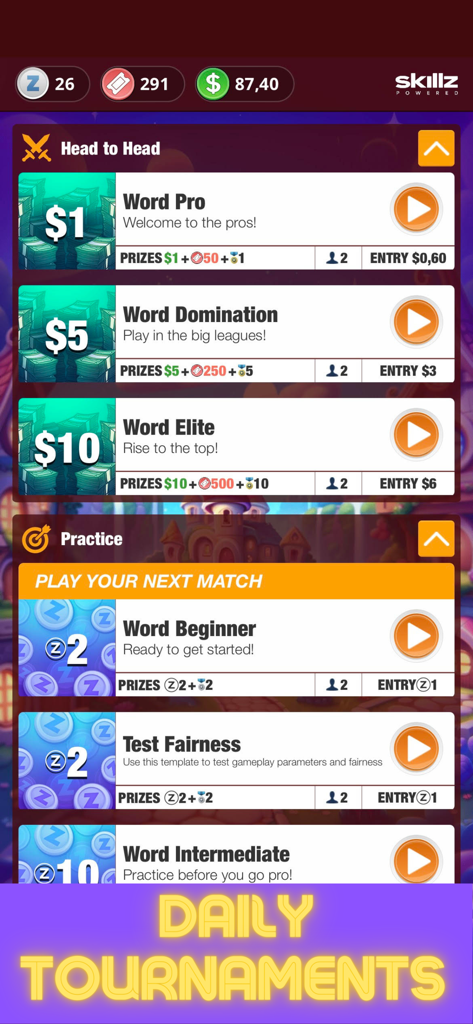 Interface showing head to head and practice tournaments with cash prizes in Real Cash Word Search.