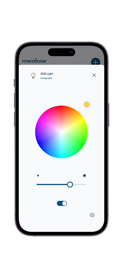 mediola connect - Mediola connect App-Oberfläche zur Steuerung einer RGB-Leuchte mit einem Farbrad und Helligkeitsregler