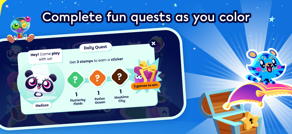 A screenshot of the Moshi Coloring World app showing a daily quest interface where kids can earn stamps and stickers.