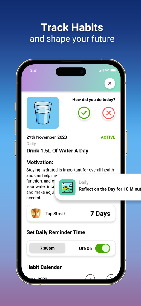 Me: Motivation & Wellness - Mobile app screen for tracking daily habits and setting reminders for wellness goals