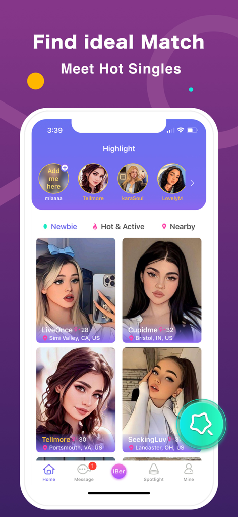 Interfaz de la aplicación CasualMeet mostrando una cuadrícula de perfiles de solteros maduros y los principales destacados activos