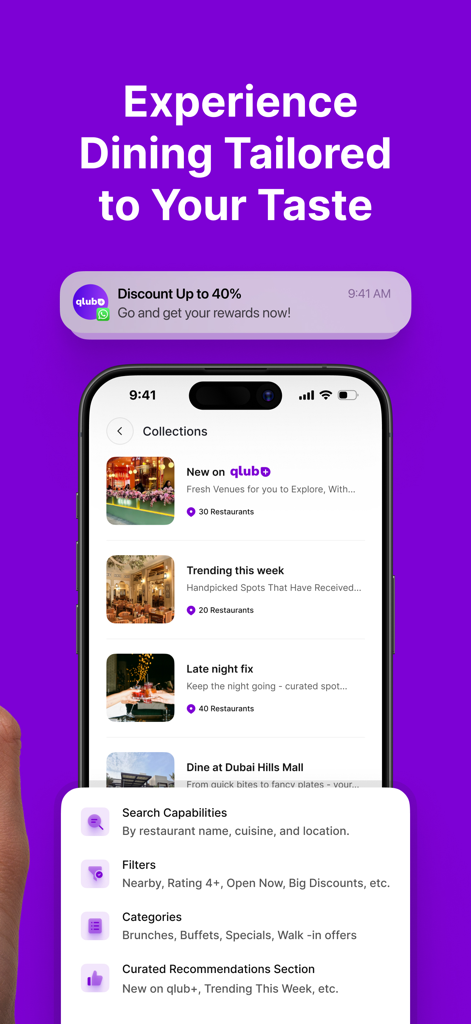 qlub Plus app interface showing curated restaurant collections and search filter options