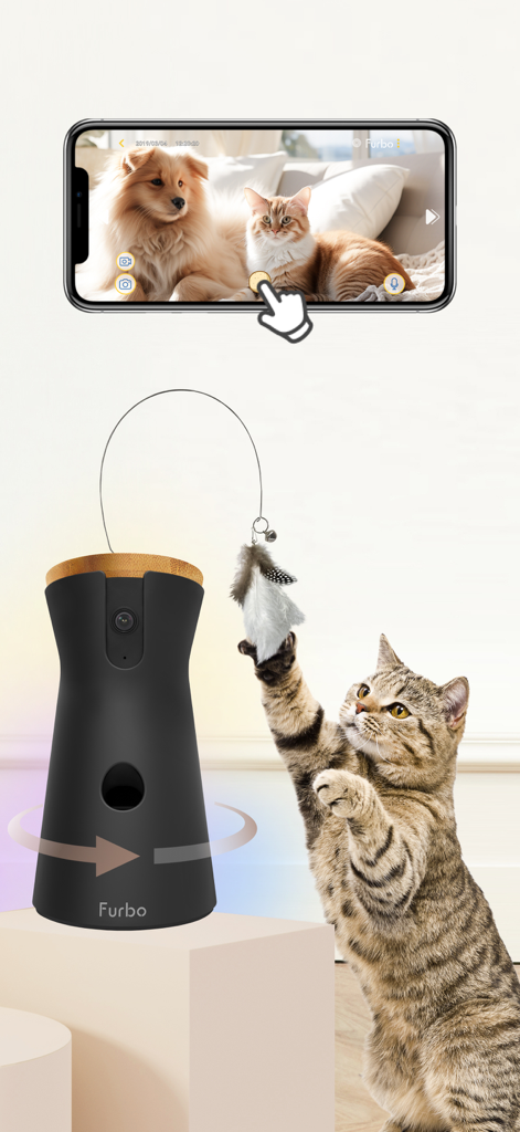 Smartphone app showing live pet video next to a Furbo camera with a cat toy.