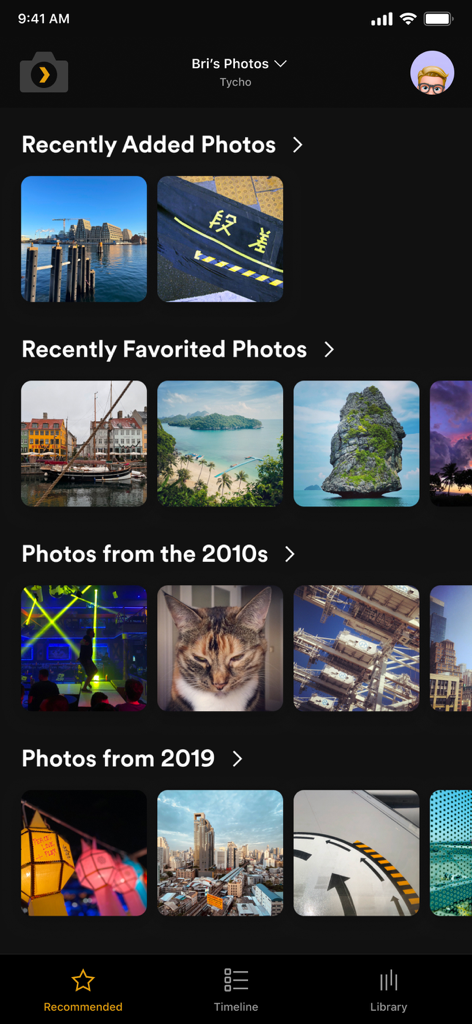 Plex Photos - Plex Photos mobile app interface showing the Recommended view with categorized photo galleries.