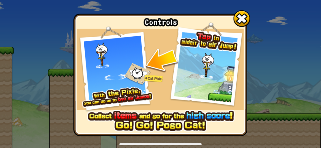 Pantalla tutorial explicando el toque para saltos en el aire y la recolección de Cat Pixies en Go Go Pogo Cat