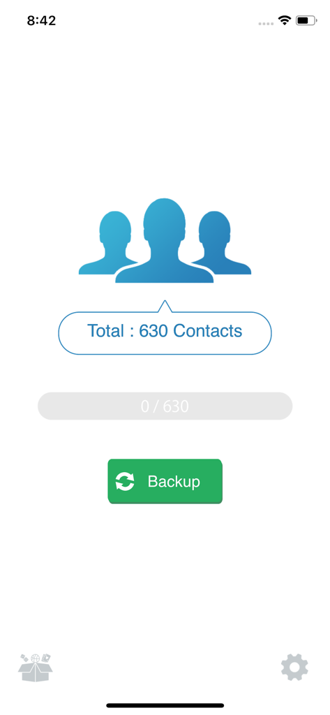 Main interface of My Contacts Backup Pro showing 630 contacts and a green backup button