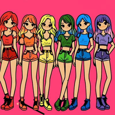 a group of girls wearing crop tops and shorts