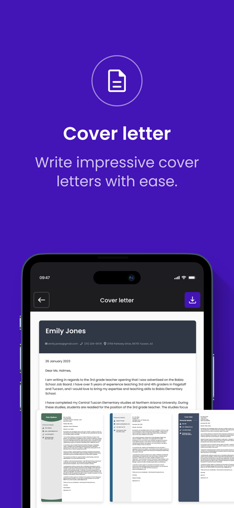 Jobseeker.com - A smartphone screen displaying the Jobseeker app cover letter creator with a sample letter and professional templates